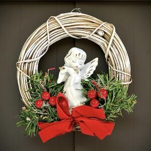 Vintage Hand Crafted Christmas Wreath Porcelain Angel Holly Berry Bow Kitsch 6"